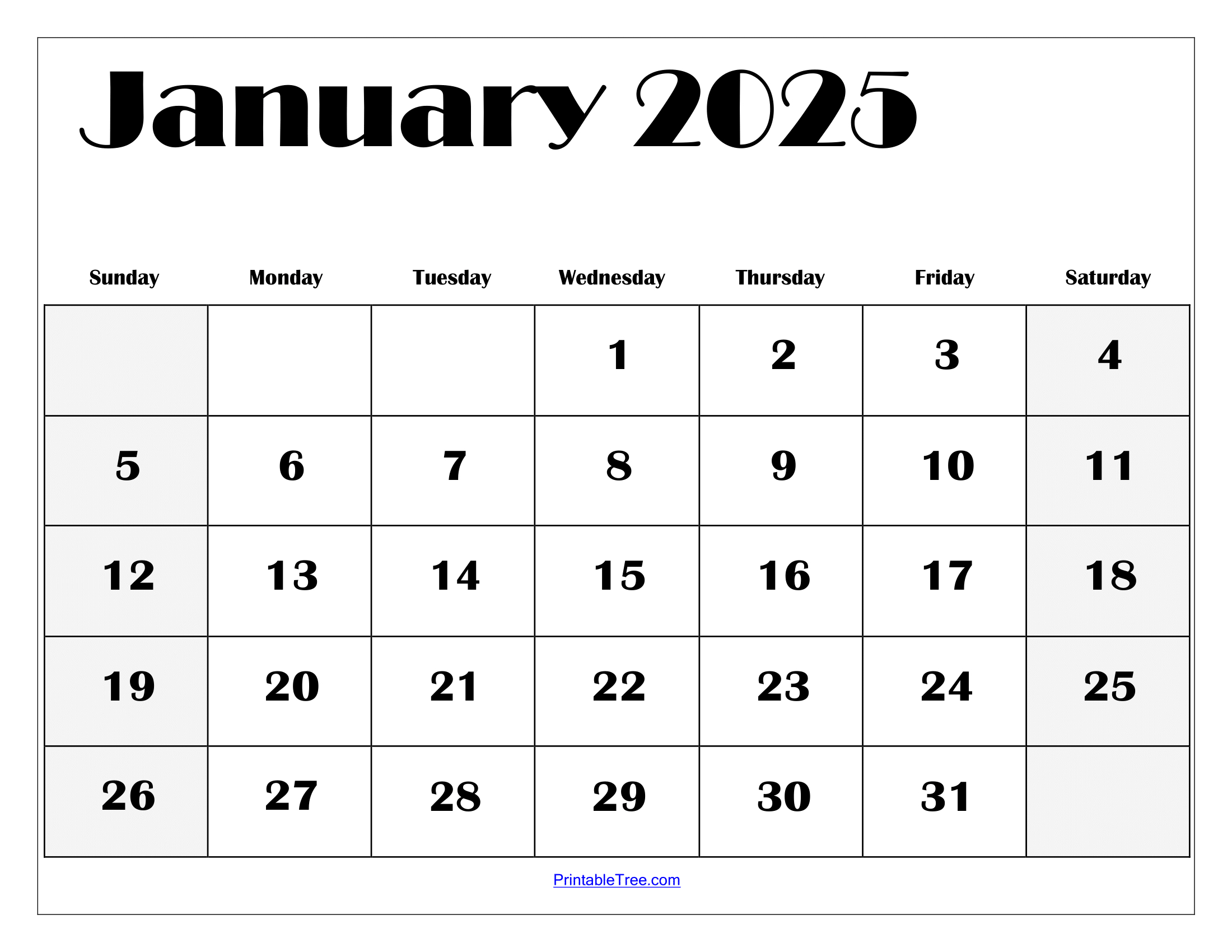 January 2025 Calendar Printable Pdf Template With Holidays | Jan 2025 Printable Calendar