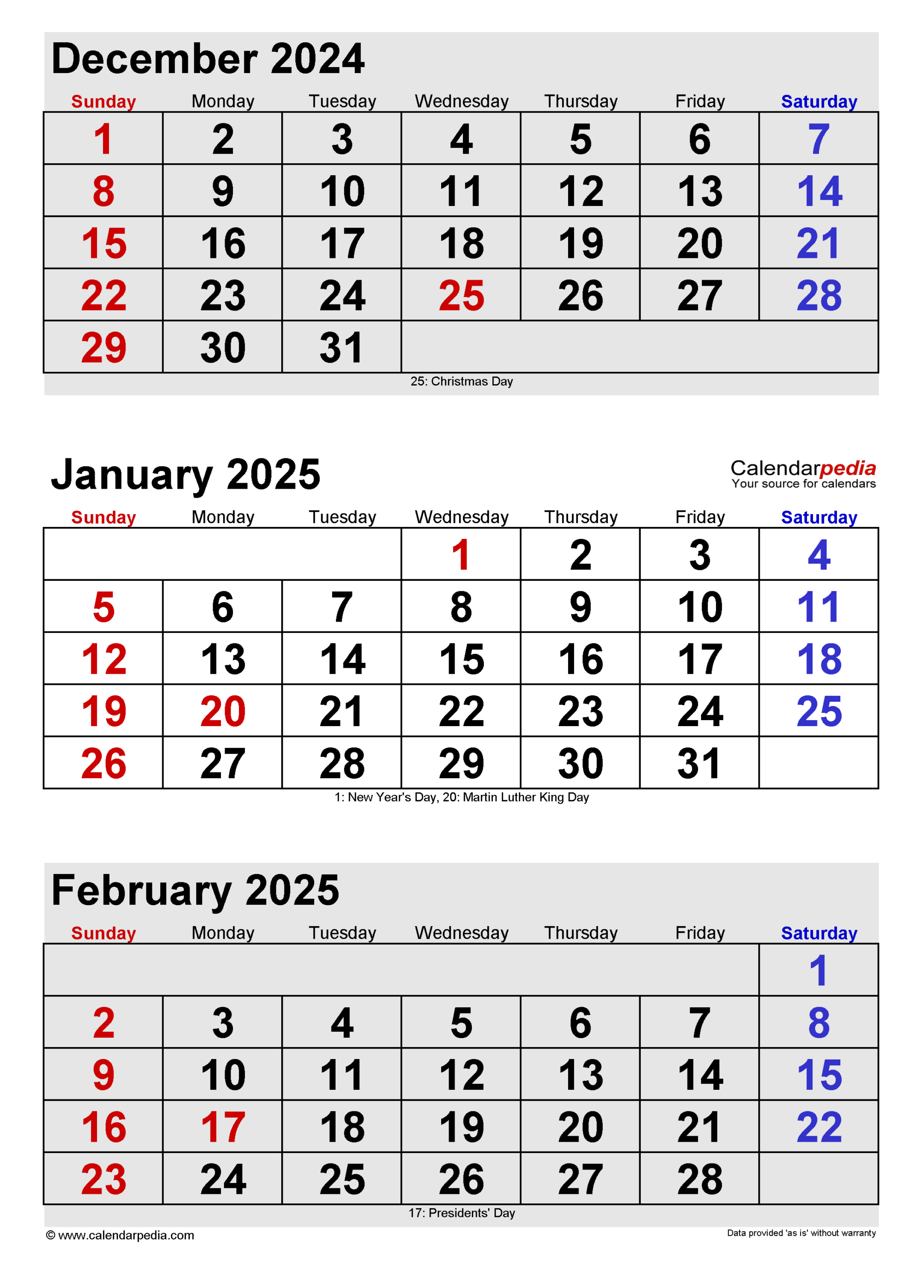 January 2025 Calendar | Templates For Word, Excel And Pdf | Printable 3 Month Calendar December January February 2025