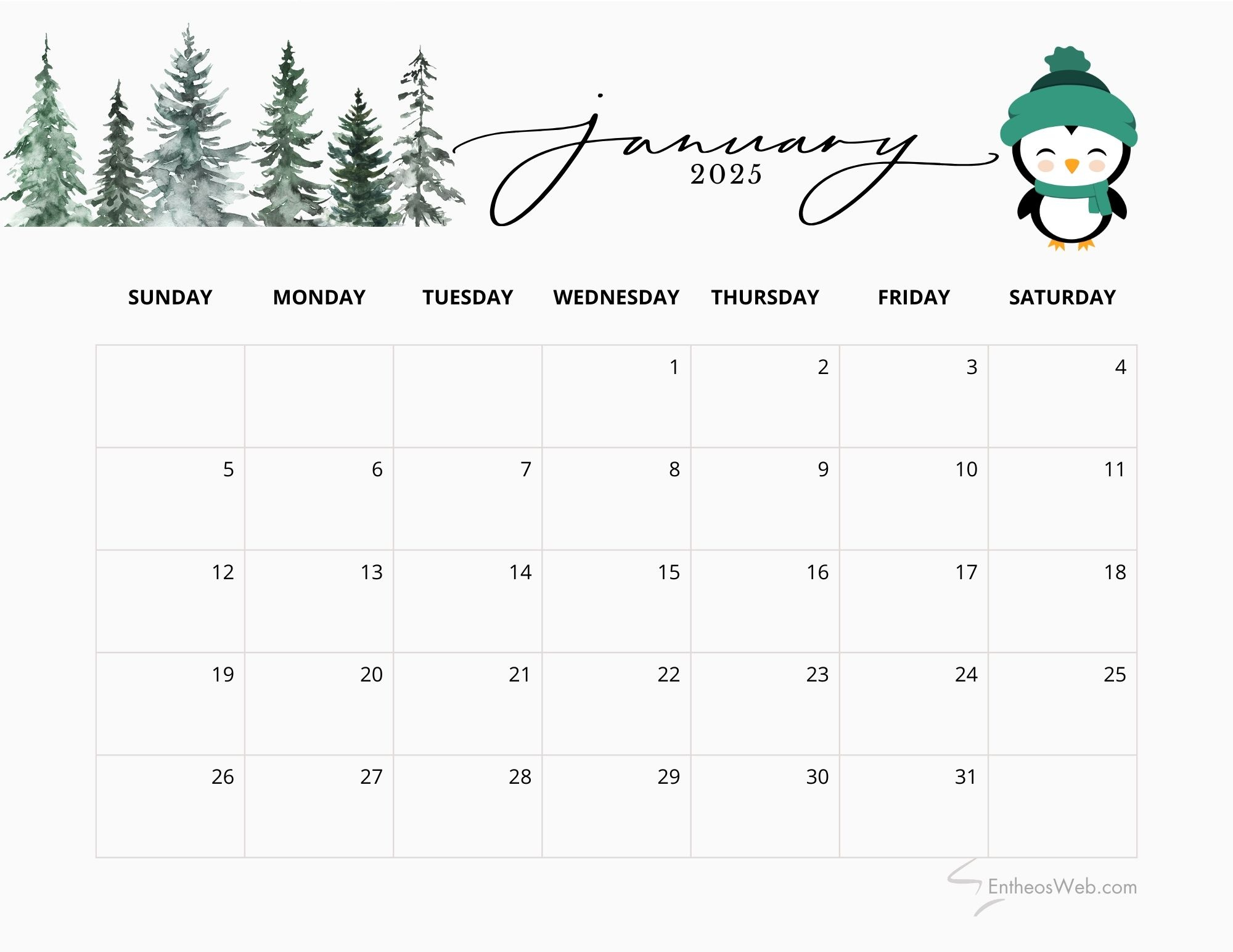 January 2025 Calendars | Entheosweb | Free January 2025 Printable Calendar