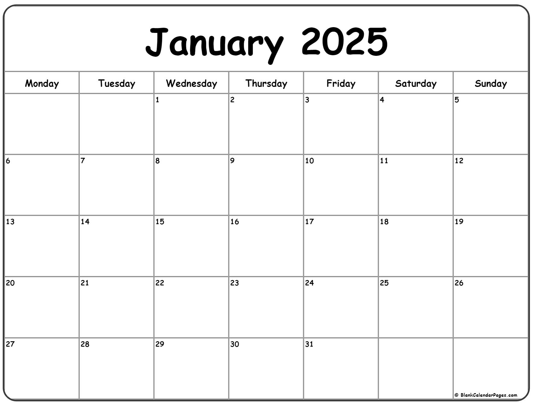 January 2025 Monday Calendar | Monday To Sunday |  Calendar 2025