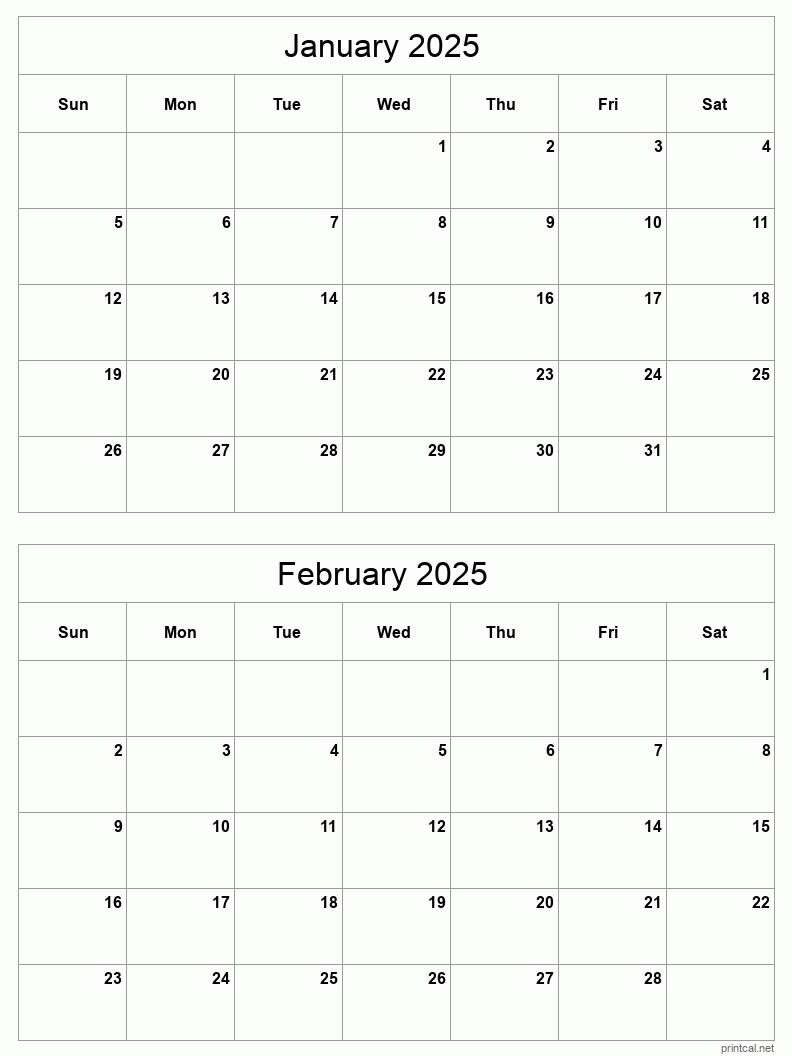 January To February 2025 Printable Calendar | Two Months Per Page | Printable Calendar 2025 2 Months Per Page