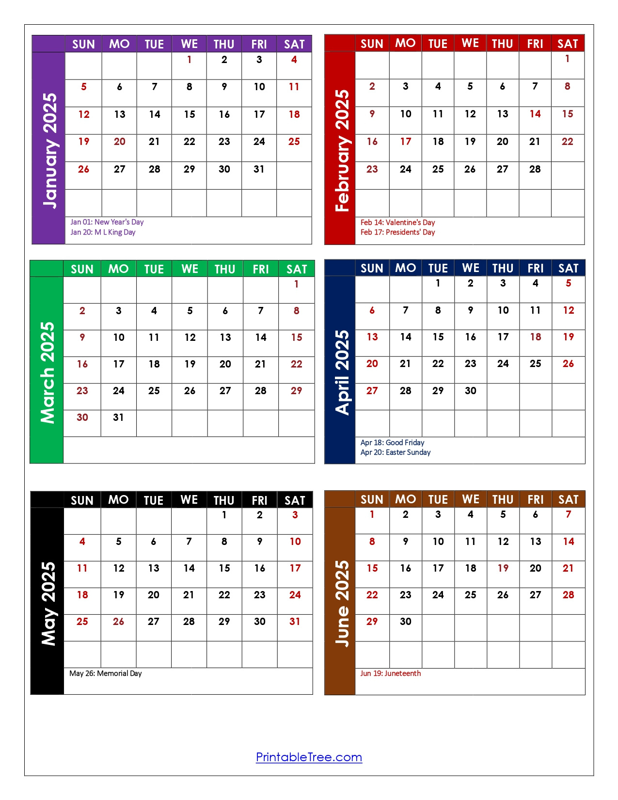 January To June 2025 Calendar Printable Pdf | Si Months Calendar | Calendar 2025