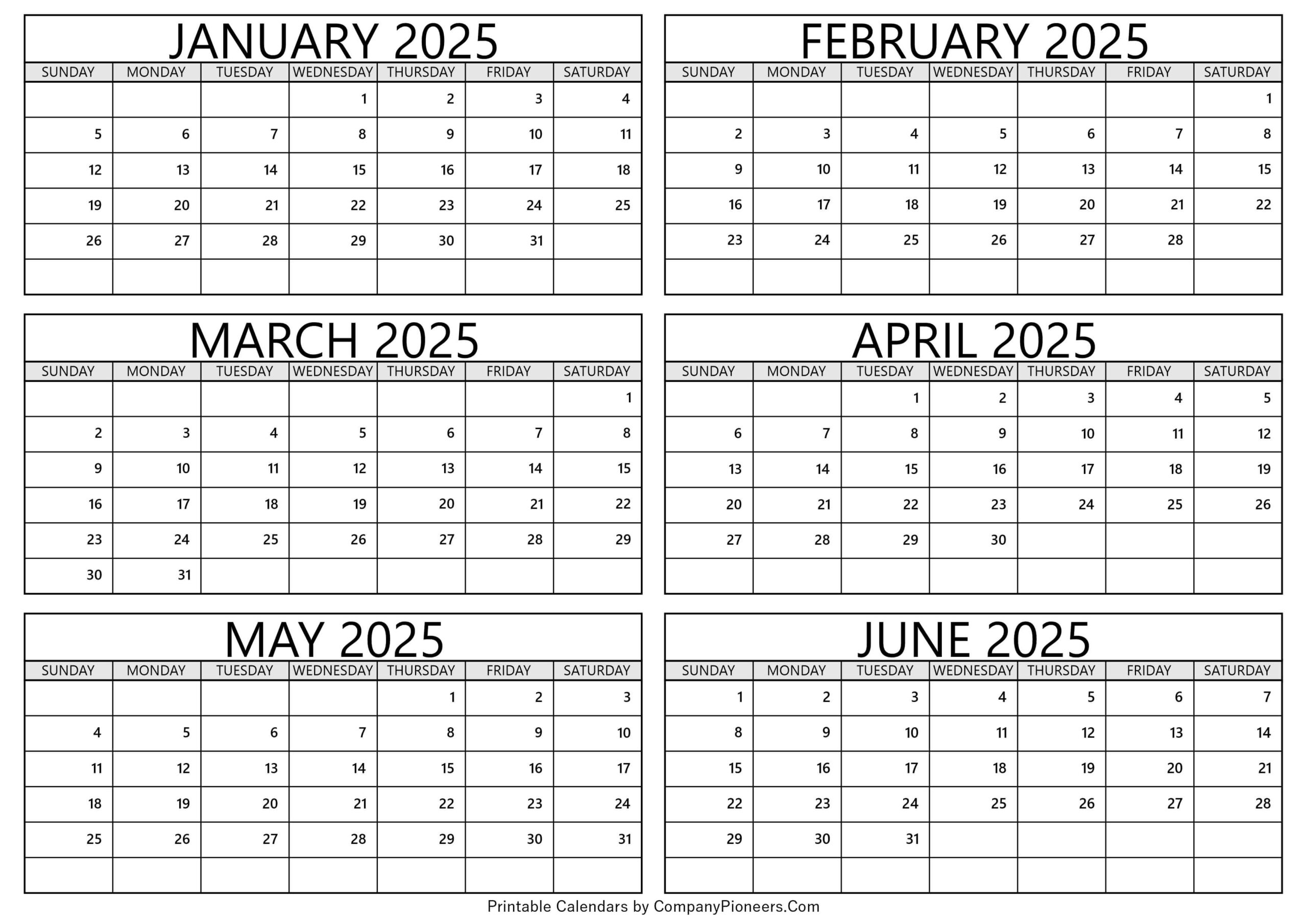 January To June 2025 Calendar Printable - Template | Calendar 2025