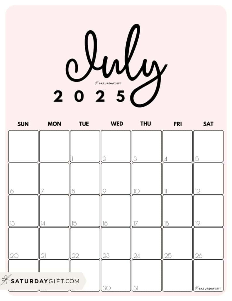 July 2025 Calendar - 20 Cute &amp;amp; Free Printables | Saturdaygift | 3 Month Vertical Calendar Printable July 2025