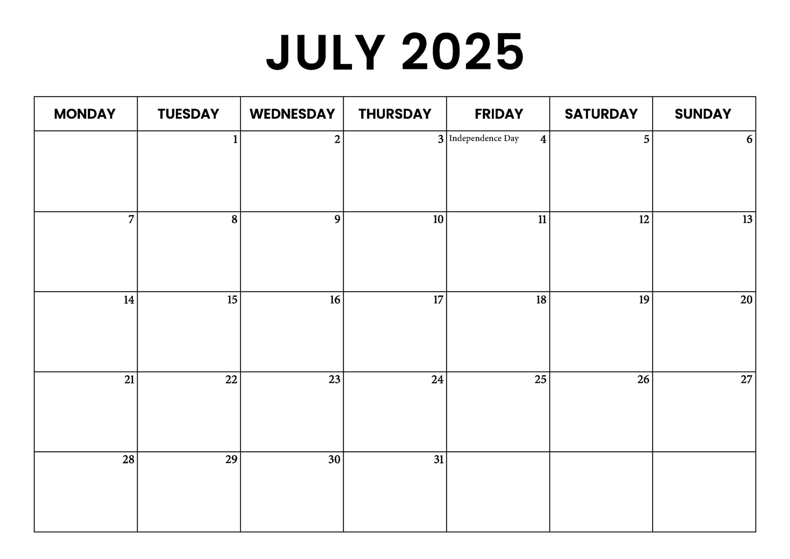 July 2025 Calendar With Holidays, Sunday &amp; Monday Start, Printable | Printable July 2025 Calendar with Holidays