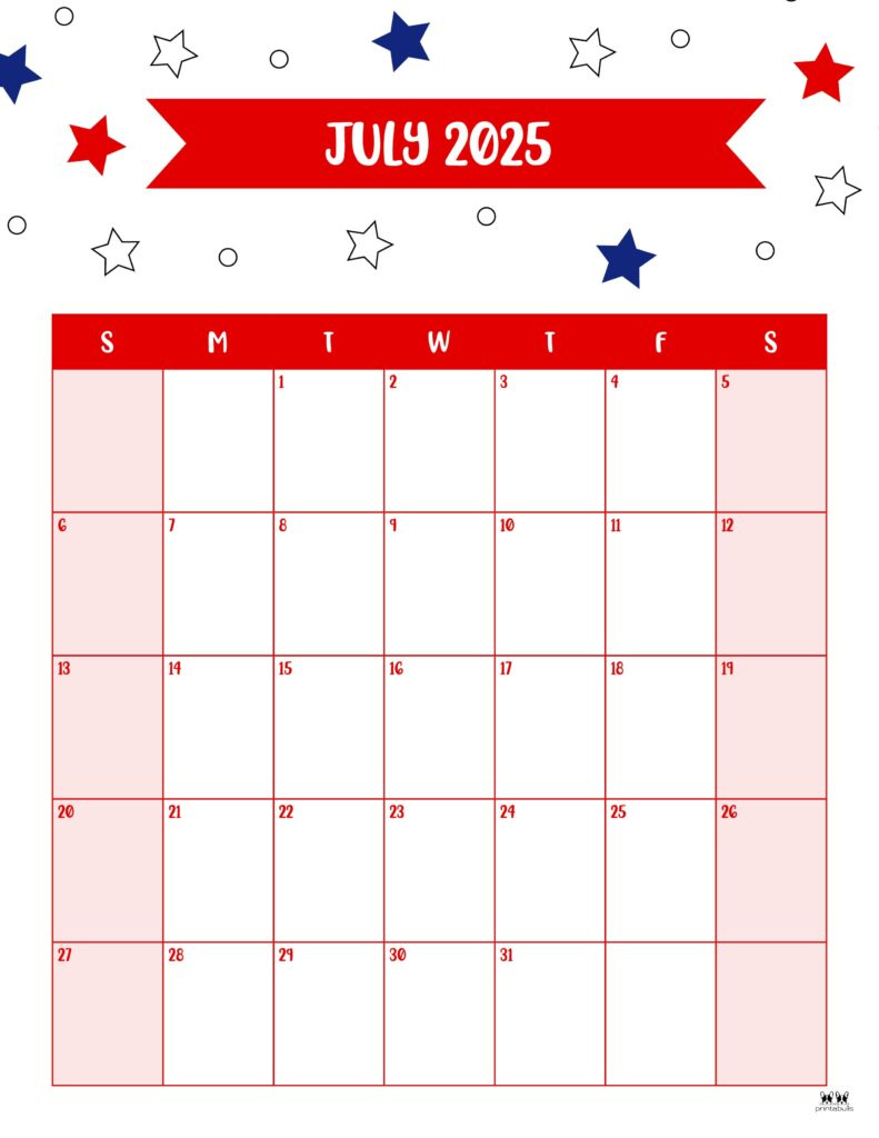 July 2025 Calendars - 107 Free Printables | Printabulls | July Monthly Calendar 2025 Printable