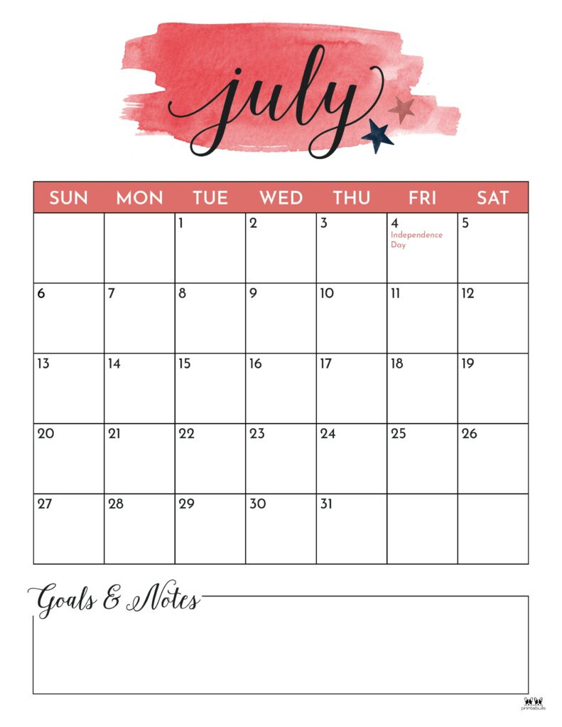 July 2025 Calendars - 107 Free Printables | Printabulls | Month of July 2025 Printable Calendar