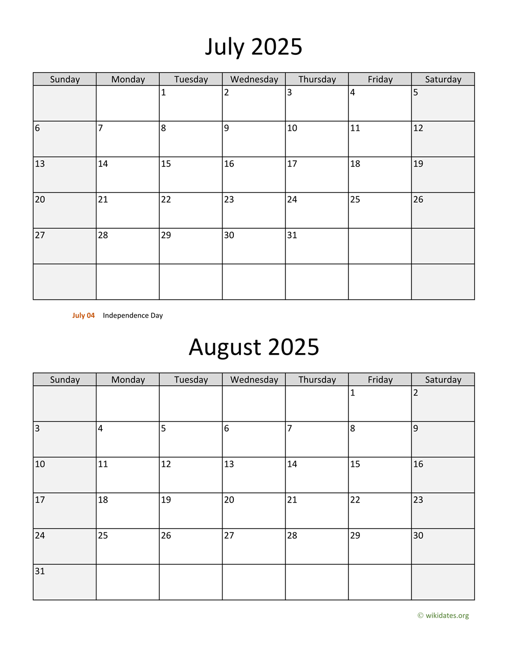 July And August 2025 Calendar | Wikidates | Calendar 2025