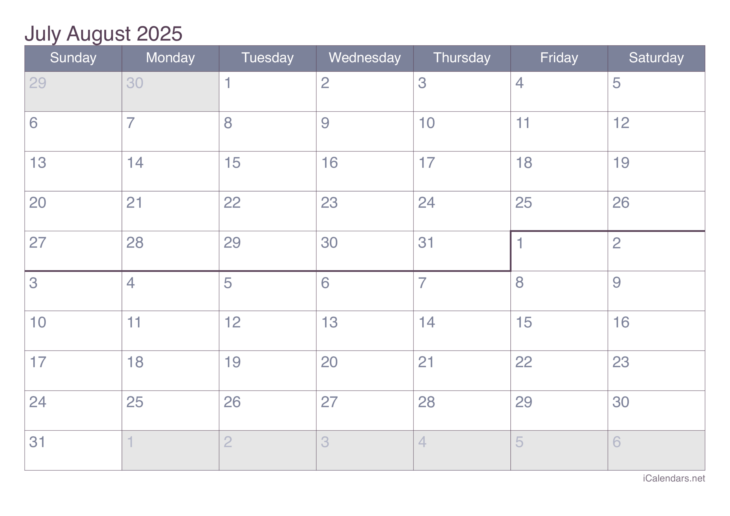 July And August 2025 Printable Calendar | August 2025 to July 2025 Calendar Printable