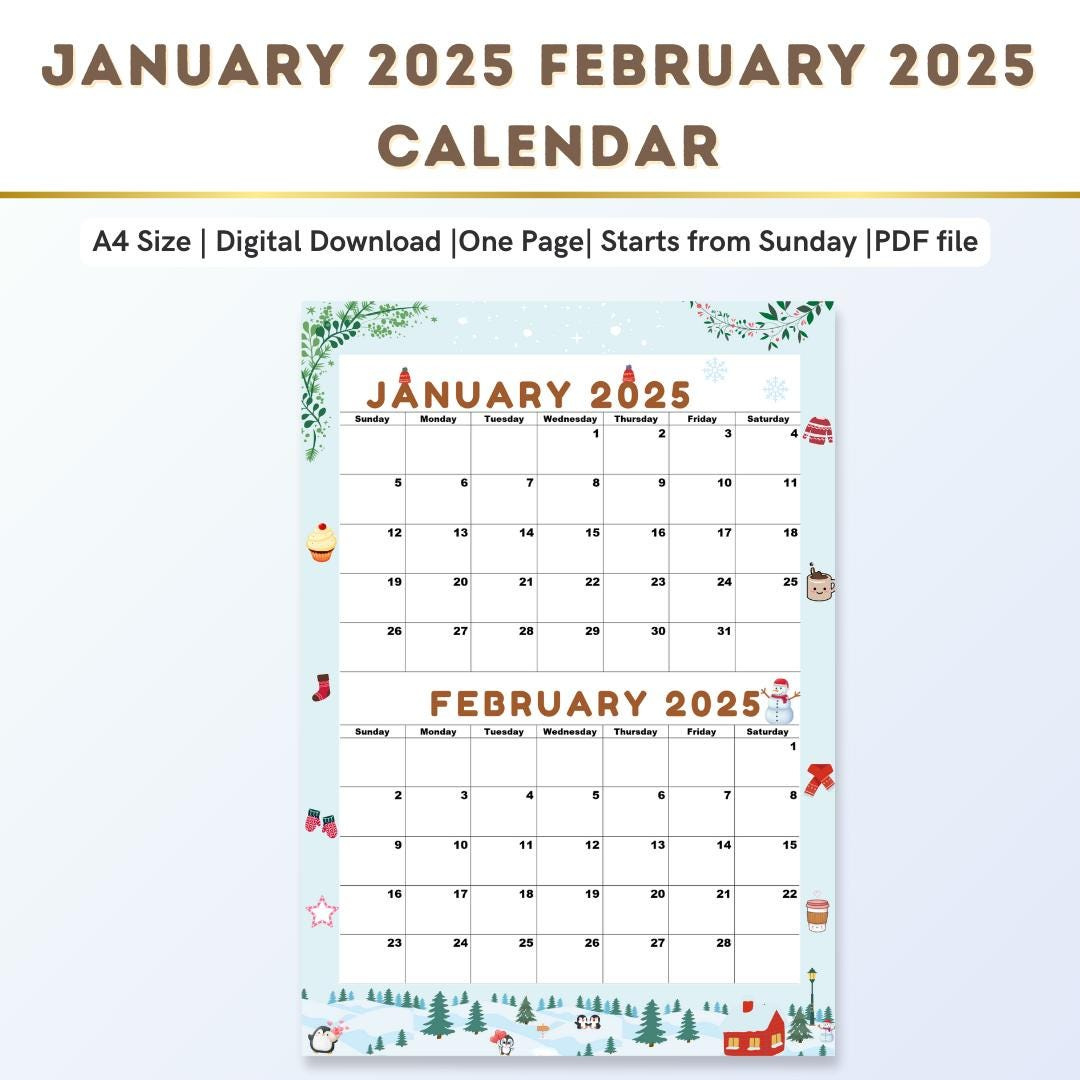 Kalender Für Januar 2025 Und Februar 2025,Januarkalender 2025 | January February Calendar 2025