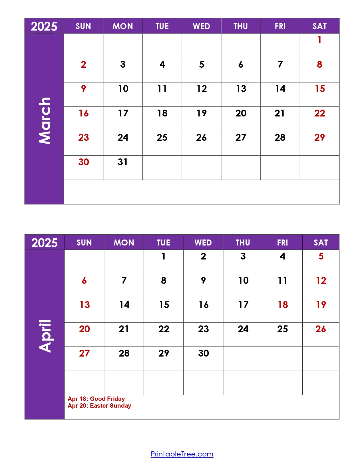 March And April 2025 Calendar Printable | Two Months Calendar | Calendar 2025