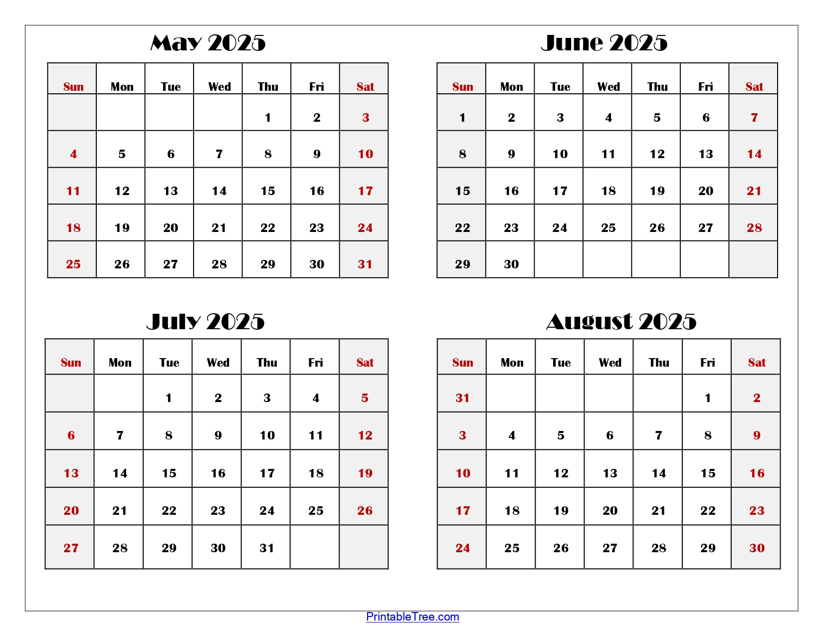 May To August 2025 Calendar Printable Pdf | Four Months Calendar | August 2025-May 2025 Printable Calendar