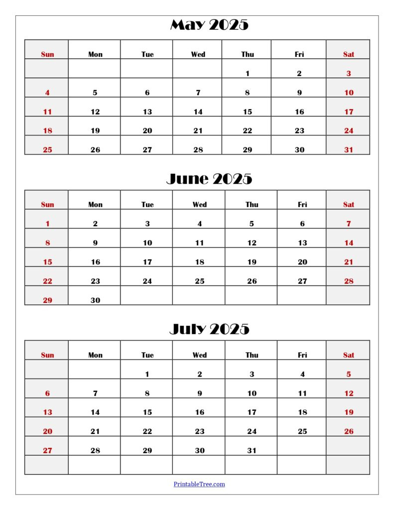 May To July 2025 Calendar Printable Pdf | Three Months Calendar | Printable Calendar May June July 2025