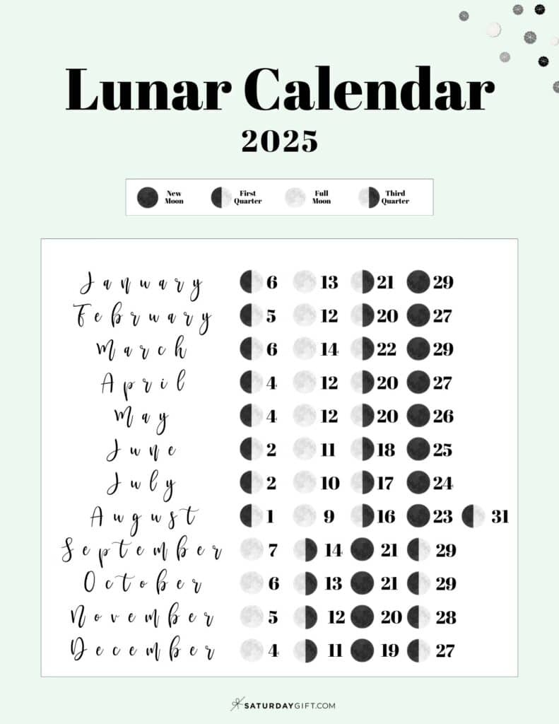 Moon Phase Calendar - 12 Cute &amp; Free Printable 2025 Lunar Calendars | 2025 Moon Phases Calendar Printable