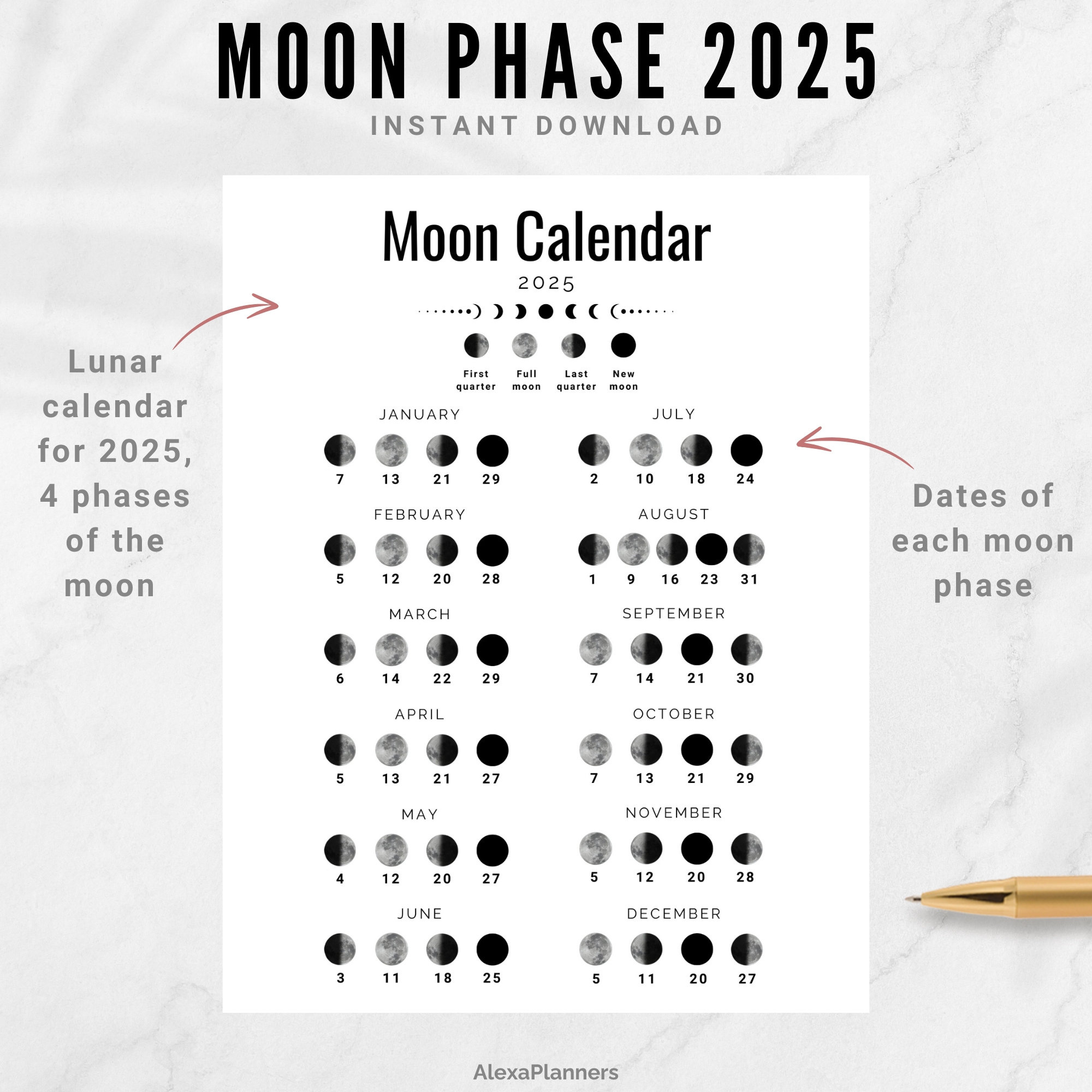 Moon Phase Calendar 2025, A4 / Letter Size Lunar Calendar - Etsy Uk |  Calendar 2025