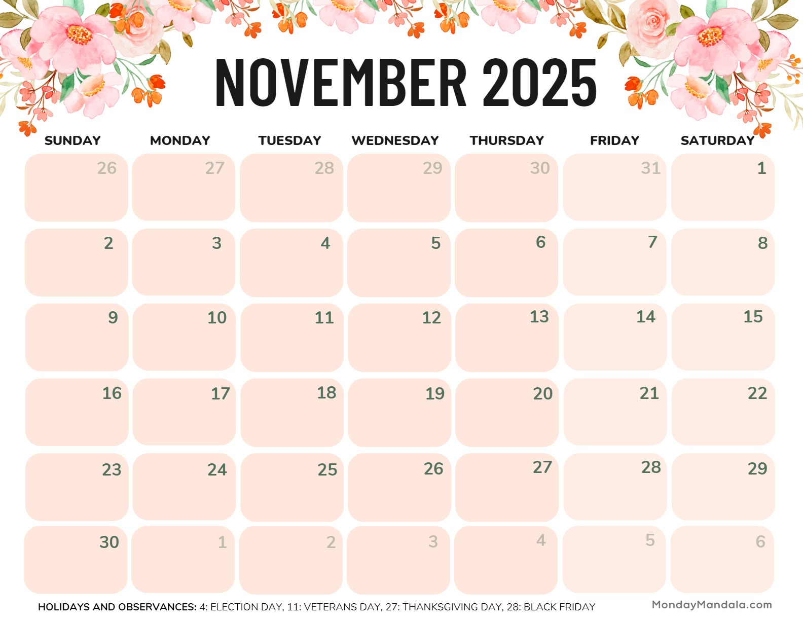 November 2025 Calendar (52 Free Pdf Printables) | 2025 November Calendar Printable