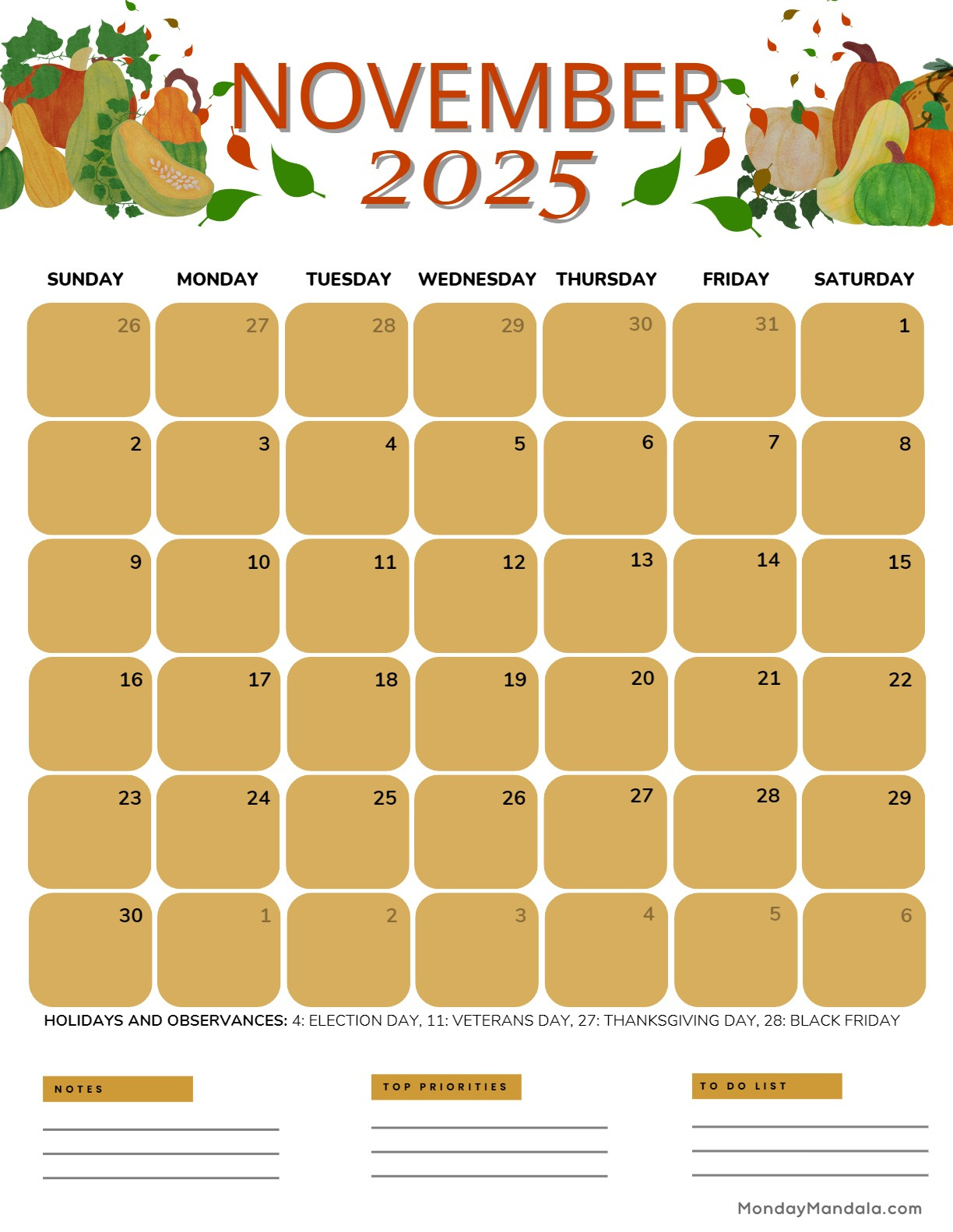 November 2025 Calendar (52 Free Pdf Printables) | November 2025 Calendar with Holidays Printable Free