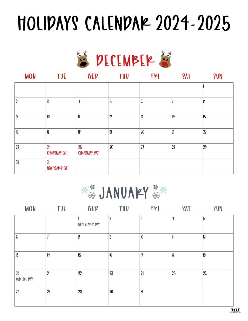 November December 2024 Calendars - 28 Printables | Printabulls | December 2024 and January 2025 Calendar Printable