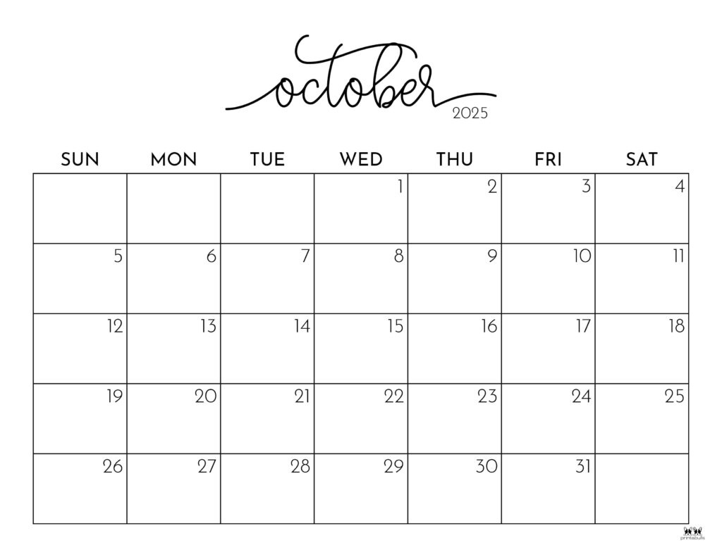 October 2025 Calendars - 107 Free Printables | Printabulls | Blank October 2025 Calendar Printable