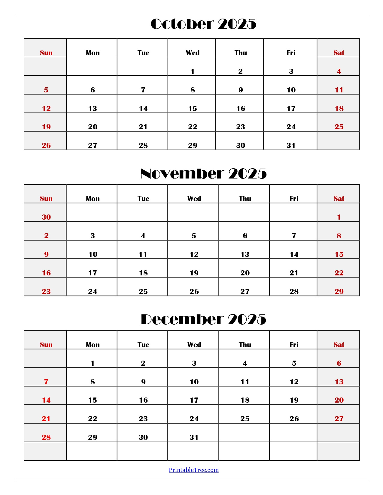 October To December 2025 Calendar Printable Pdf | Three Months | October November December 2025 Calendar Printable