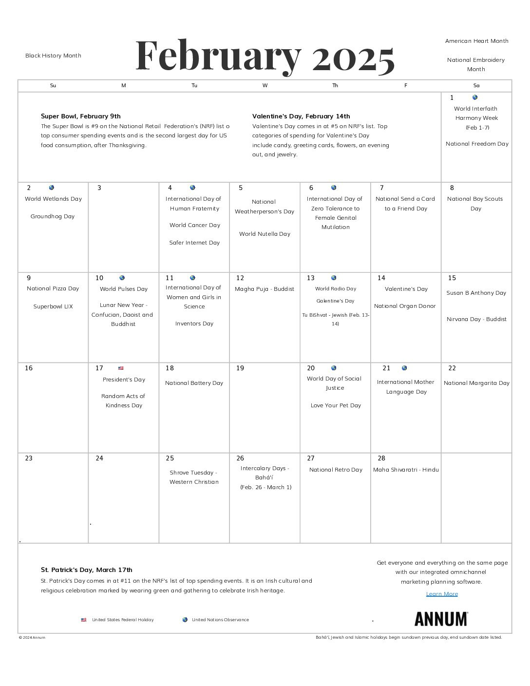 Printable February 2025 Calendar | February Holidays | Annum | February 2025 Calendar National Days