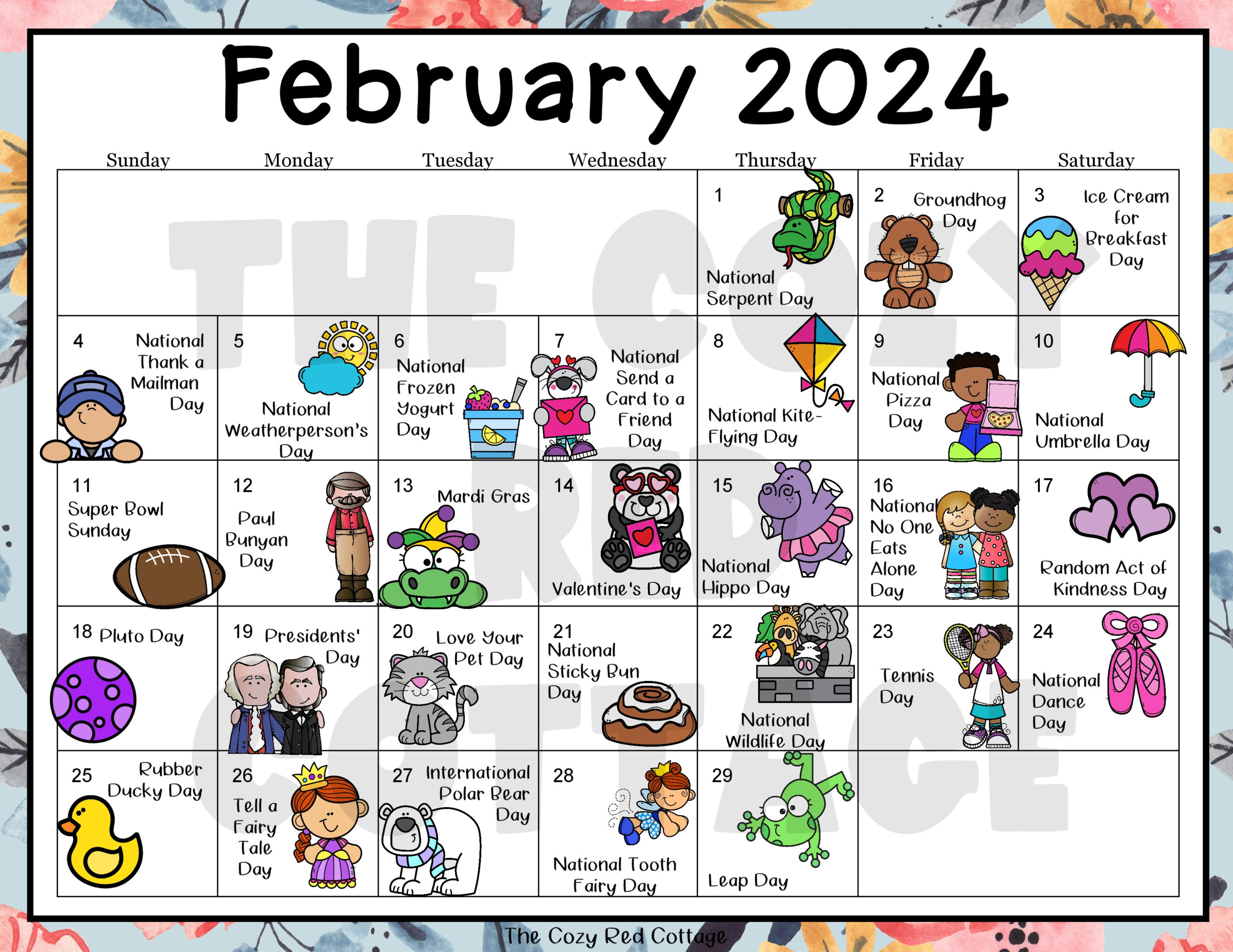 The Cozy Red Cottage: Free February Holiday Calendar | Calendar 2025