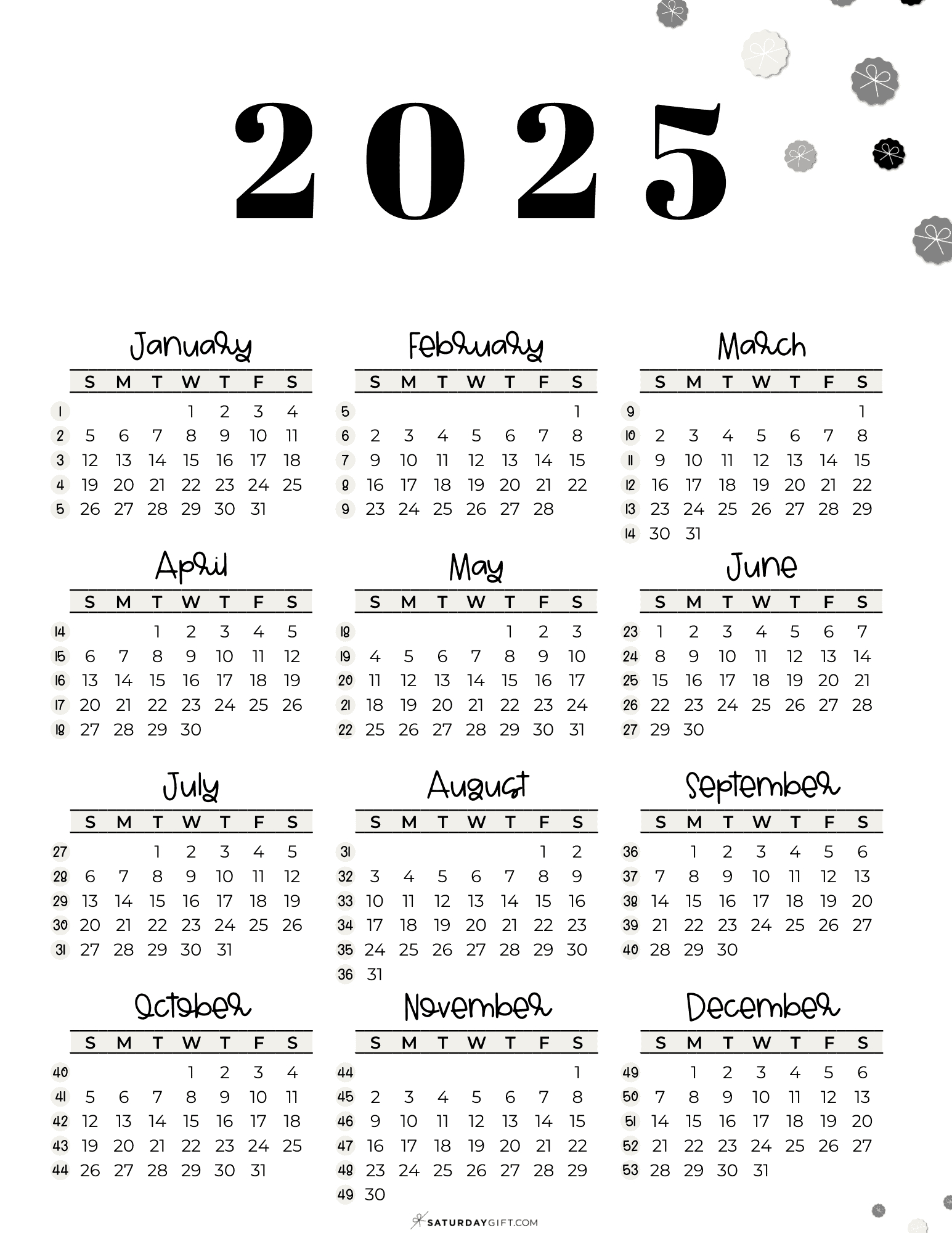 Week Numbers For 2025 - What Week Is It? | Saturdaygift | Free Printable 2025 Calendar with Week Numbers