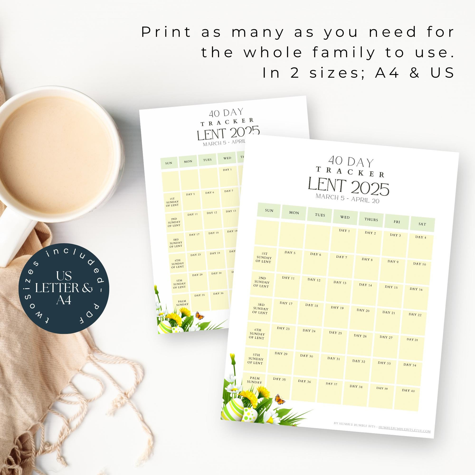 Yellow Lent Calendar 2025 Lent Tracker 40 Day Lenten Calendar Lent | Lent 2025 Calendar Printable