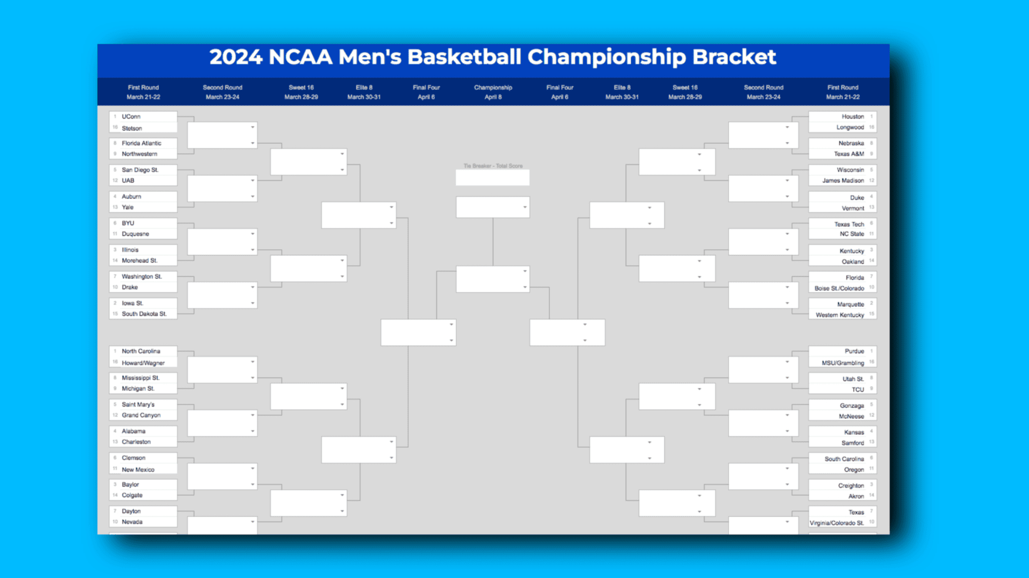 2025 March Madness Bracket (Excel &amp;amp; Google Sheets Template) | March Madness 2025 Calendar