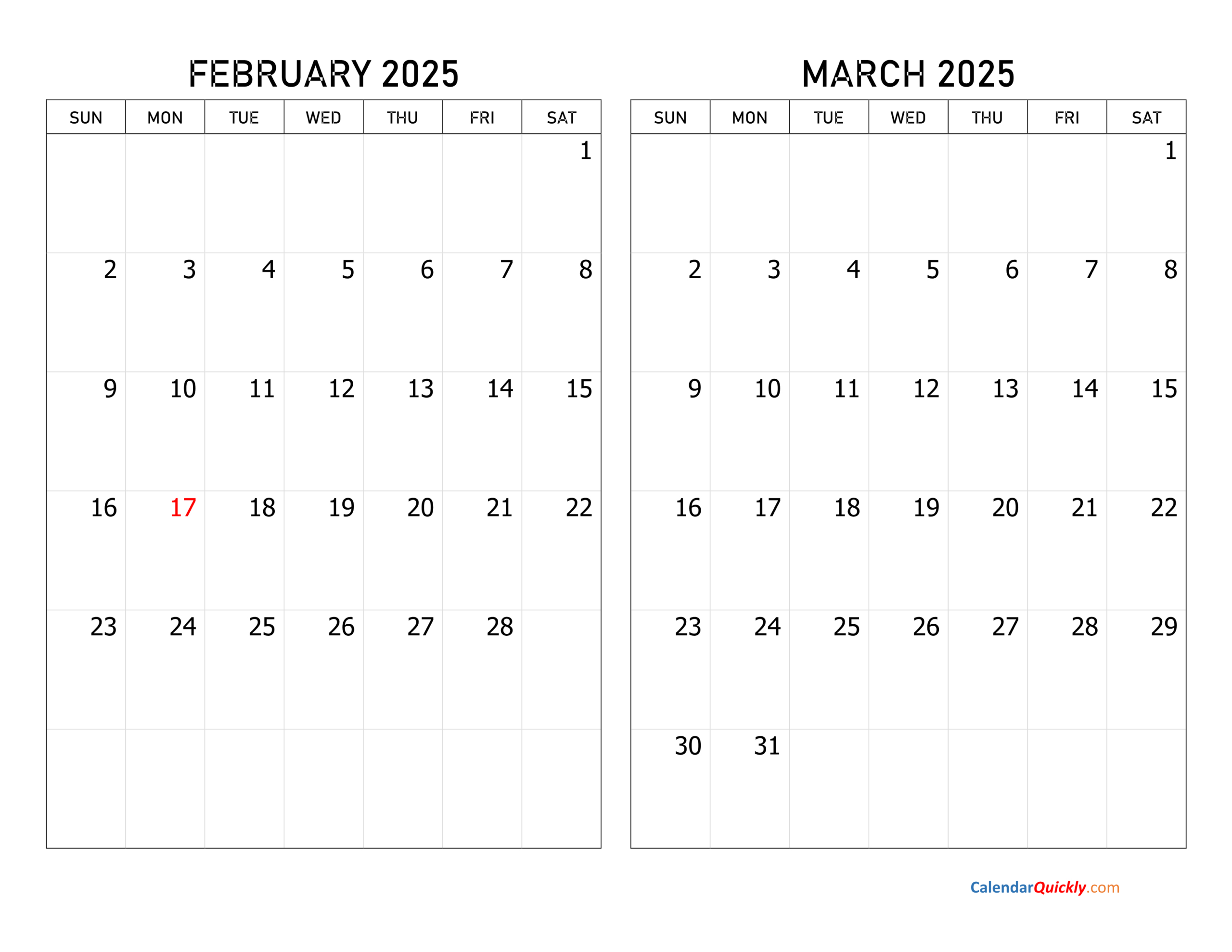 February And March 2025 Calendar | Calendar Quickly | Calendar 2025