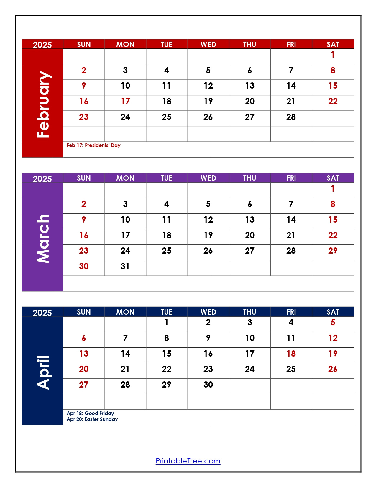 February To April 2025 Calendar Printable Pdf | Three Months Calendar | Calendar 2025