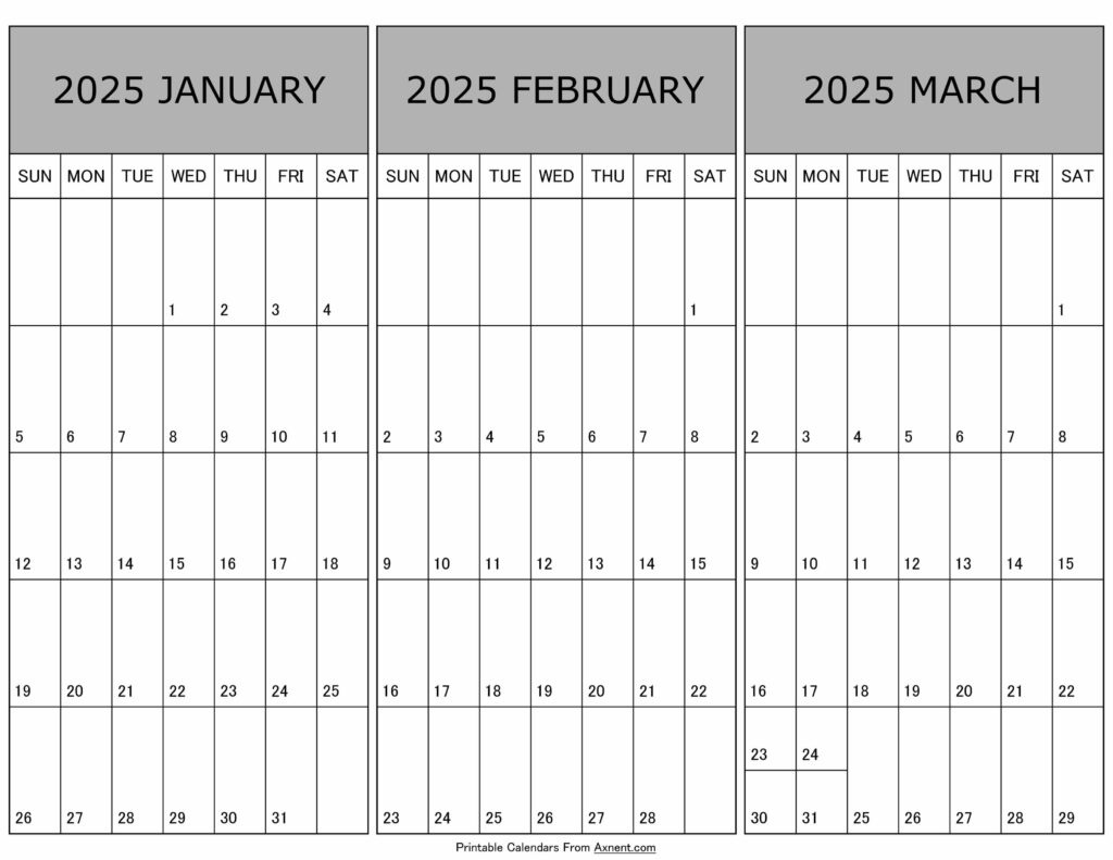 January To March Calendar 2025 Templates - Three Months | Jan Feb And March 2025 Calendar Fre Printable