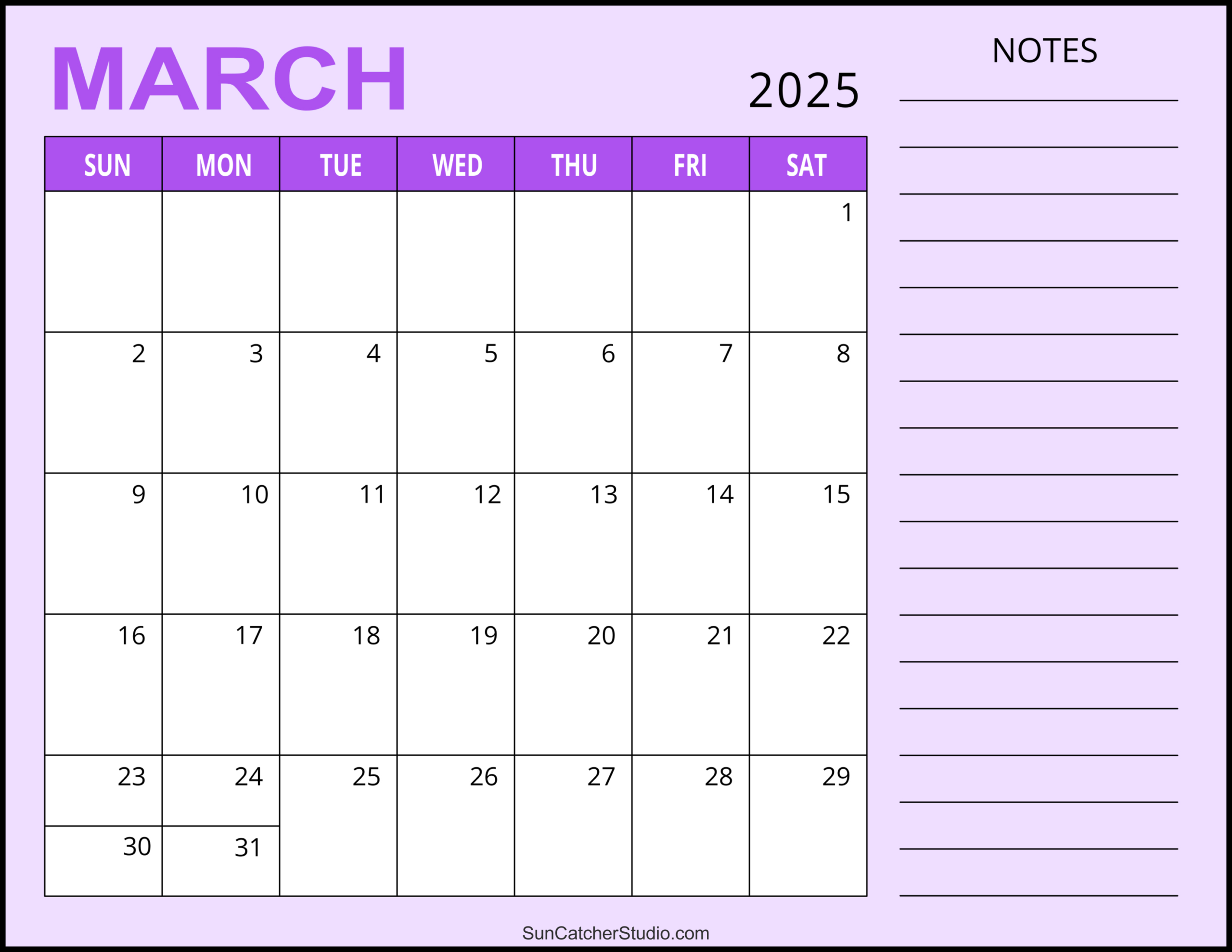 March 2025 Calendar (Free Printable) – Free Printables, Monograms | March 2025 Calendar Printable with Notes