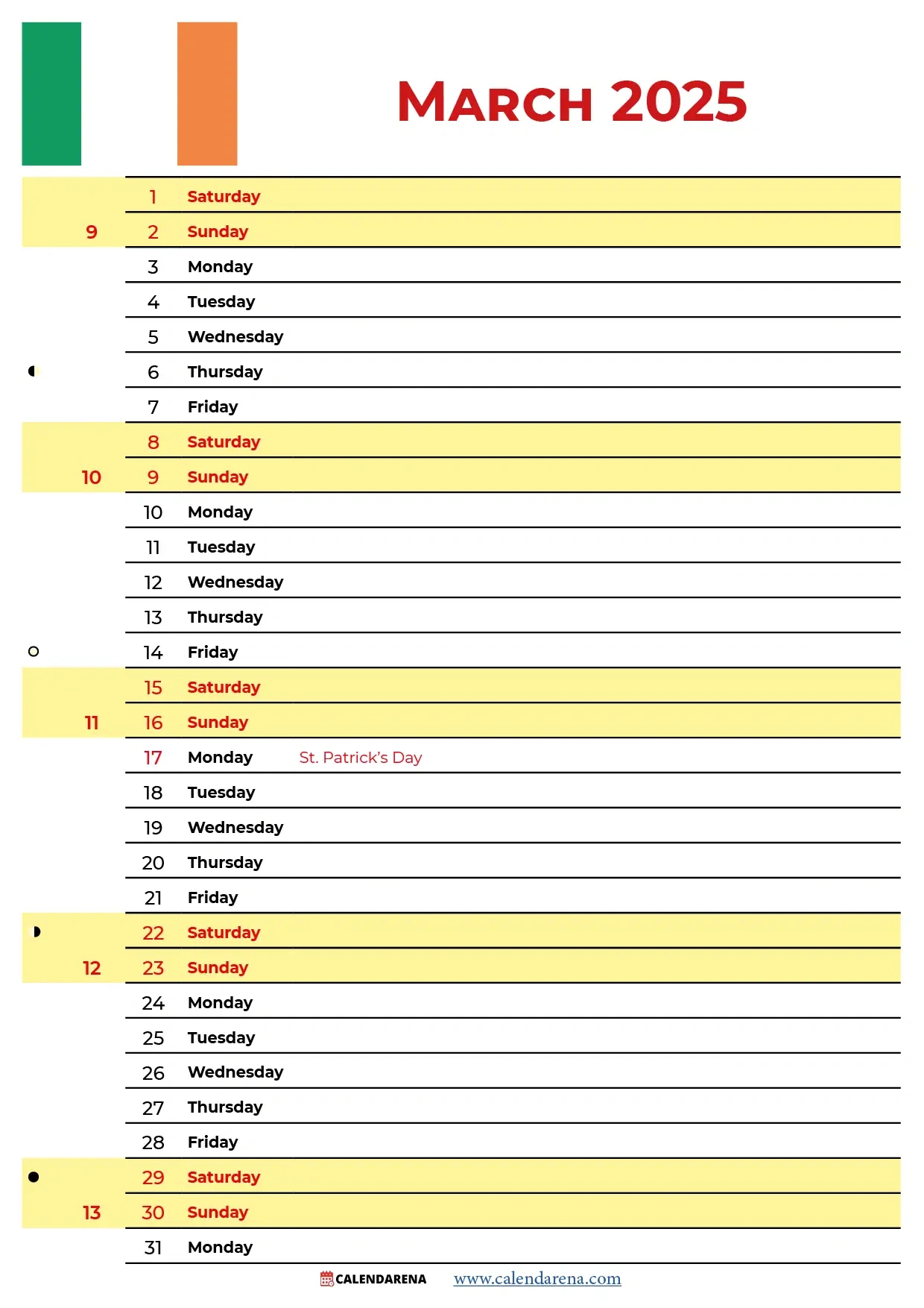 March 2025 Calendar Ireland With Holidays | March 2025 Calendar with Holidays