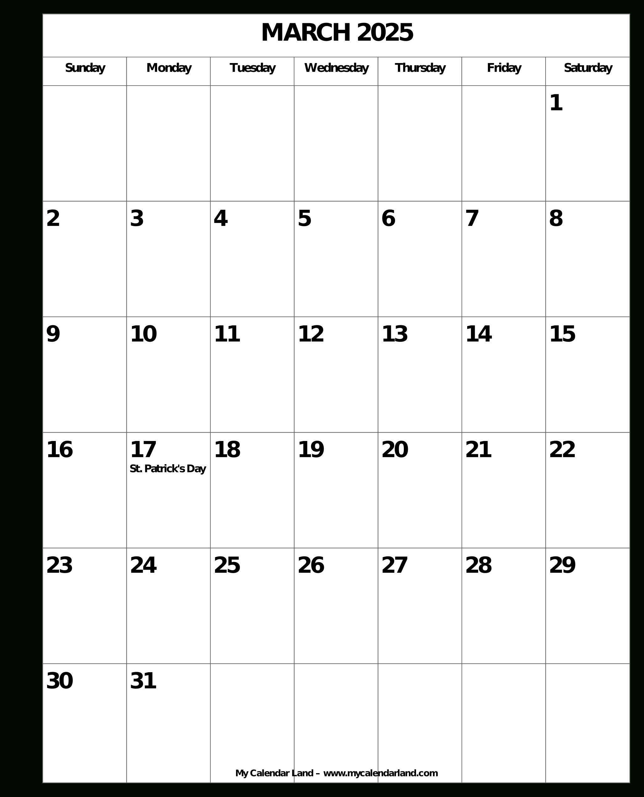 March 2025 Calendar – My Calendar Land | Blank Printable March Calendar 2025