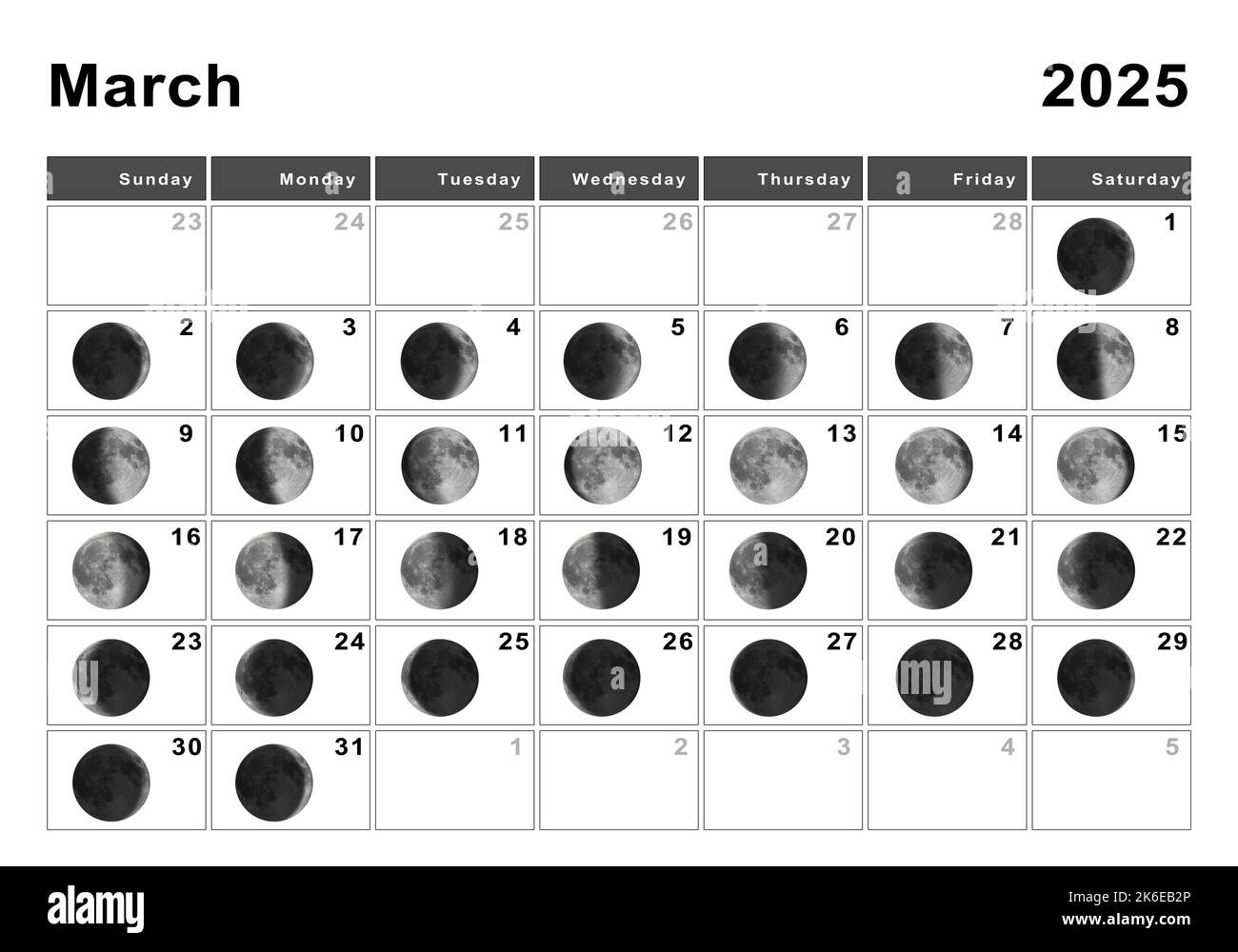 March 2025 Lunar Calendar, Moon Cycles, Moon Phases Stock Photo |  Calendar 2025