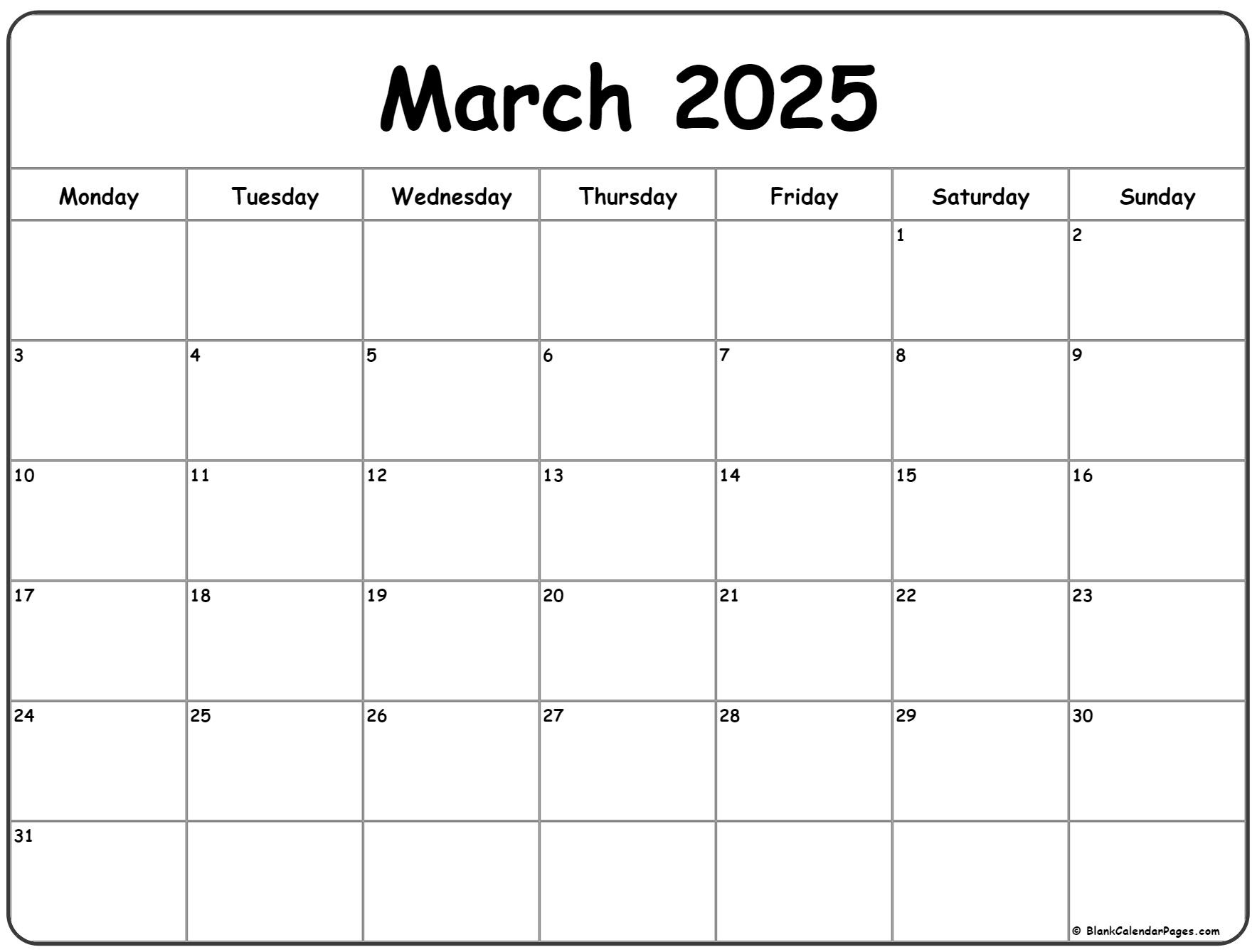 March 2025 Monday Calendar | Monday To Sunday |  Calendar 2025