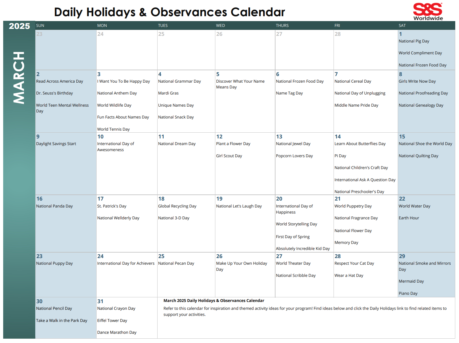 March Daily Holidays &amp;amp; Observances Printable Calendar - S&amp;amp;S Blog | Calendar 2025