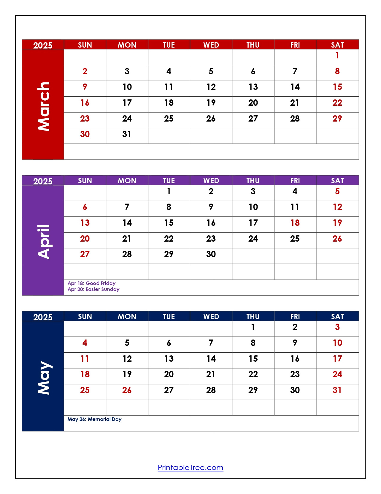 March To May 2025 Calendar Printable Pdf | Three Months Calendar | Calendar March April May 2025 Printable