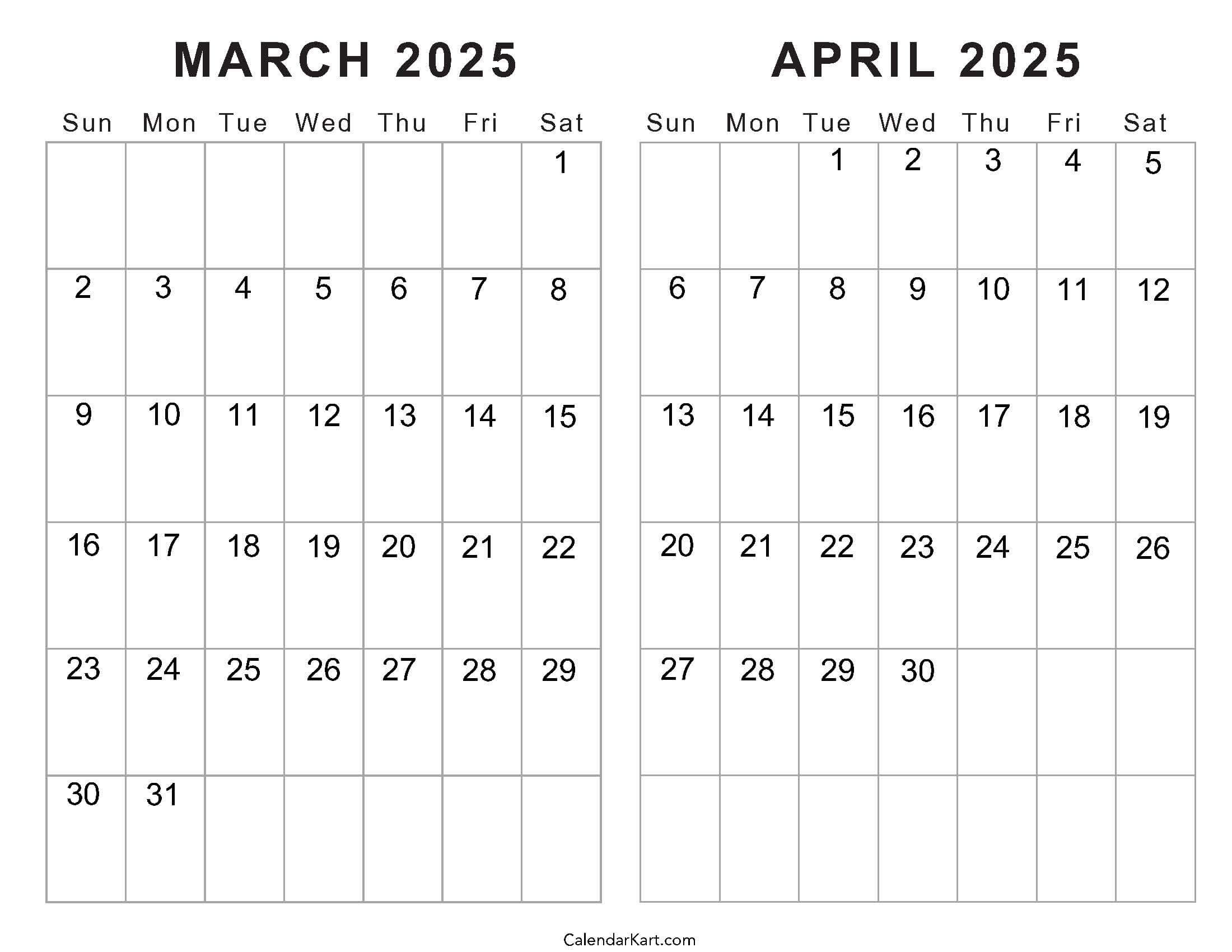 Printable March April 2025 Calendar | Calendarkart | Calendar 2025