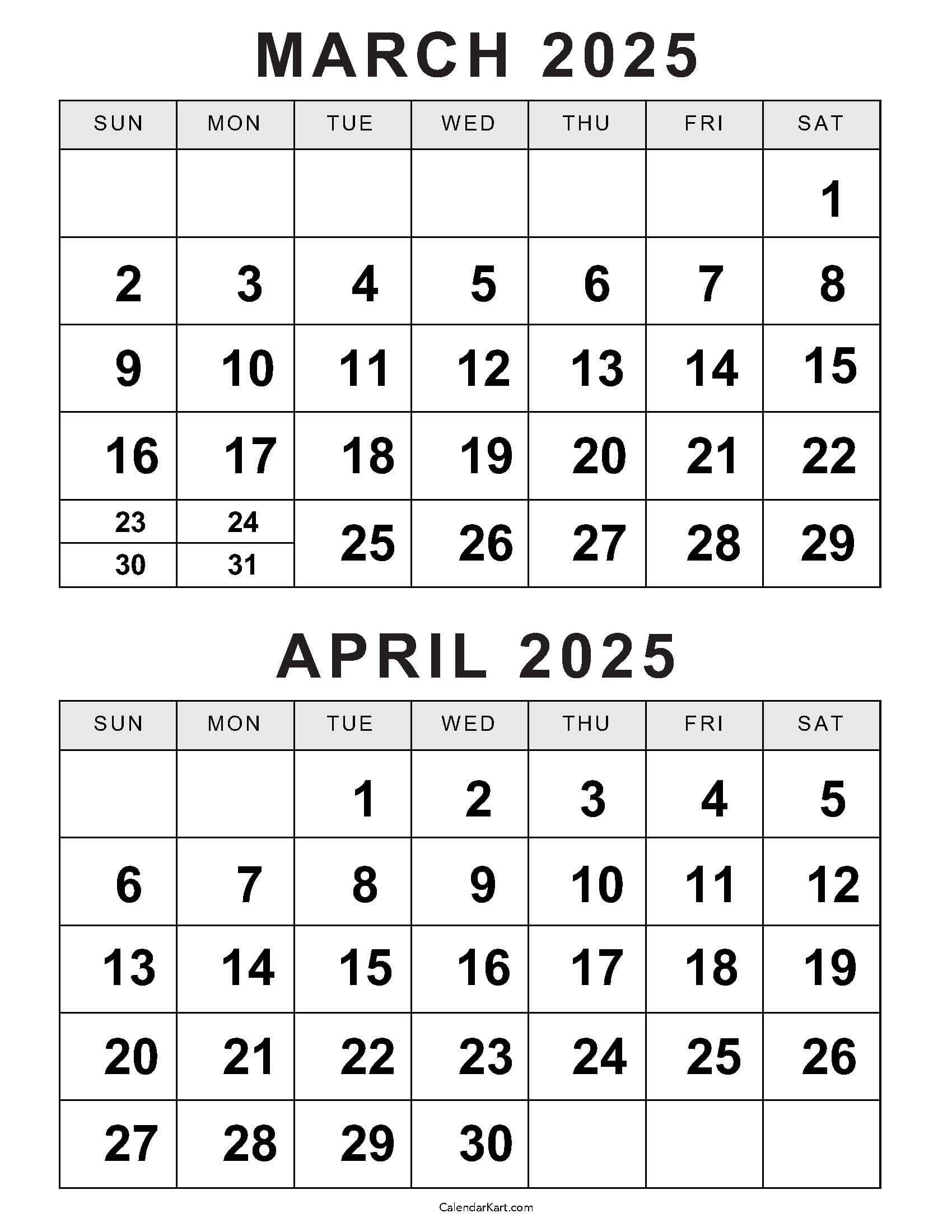 Printable March April 2025 Calendar | Calendarkart | Calendar 2025