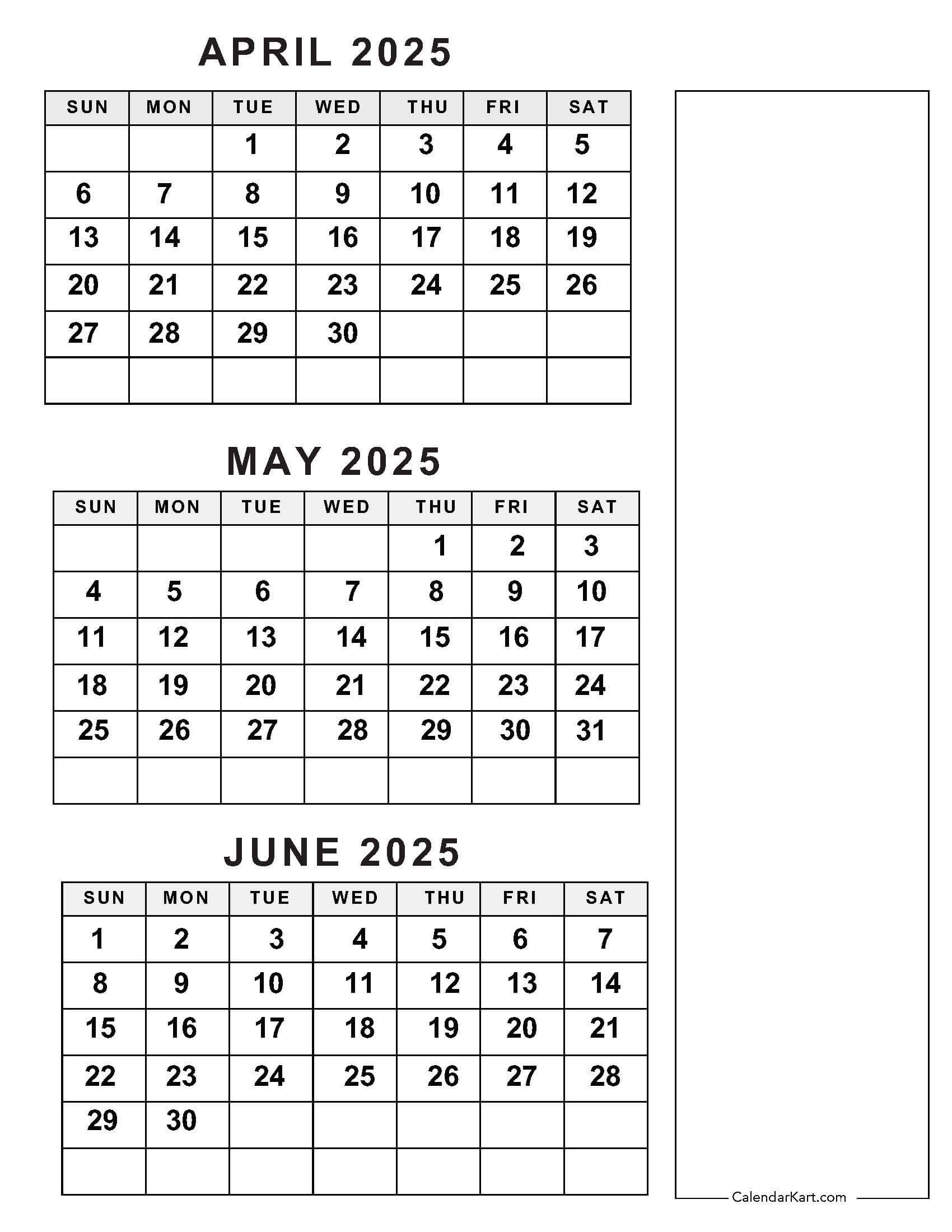 April To June 2025 Calendars (Q2): Free Printables | 3 Month Calendar 2025 Printable April May June