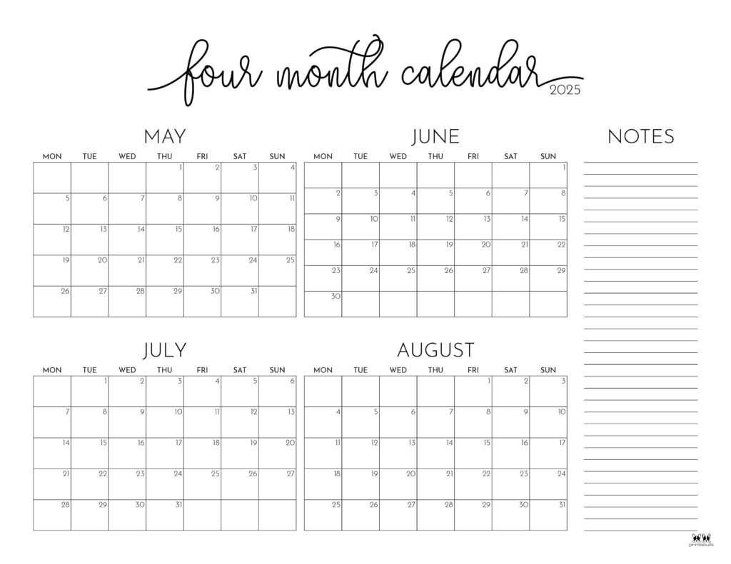 2025 Four Month Calendars - 31 Free Printables | Printabulls | Calendar 2025