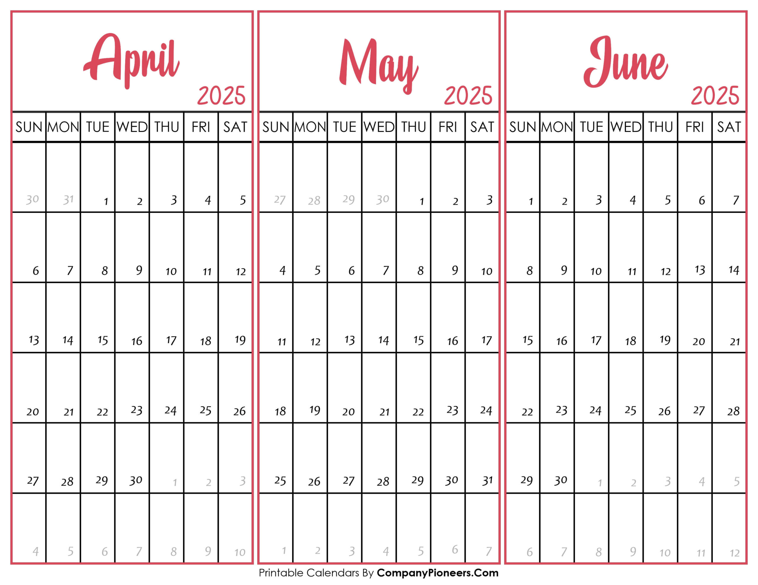 April May June 2025 Calendar Printable - Template | April May and June 2025 Calendar