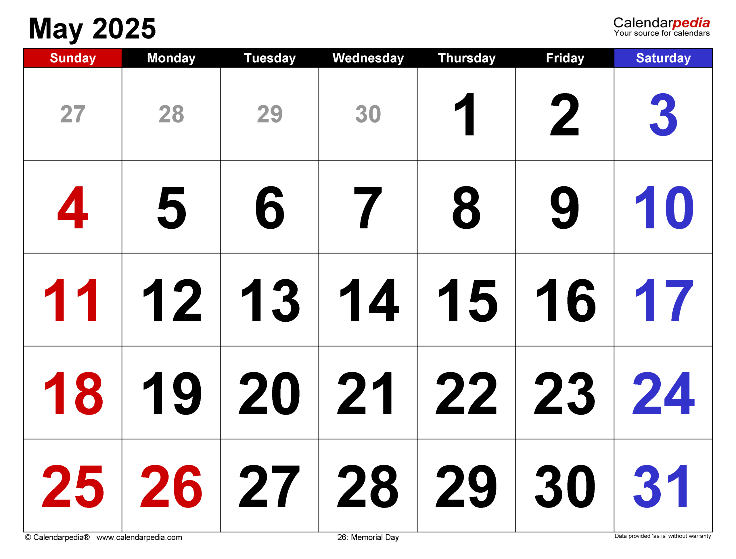 May 2025 Calendar | Templates For Pdf, Excel And Word | Calendar For Month of May 2025