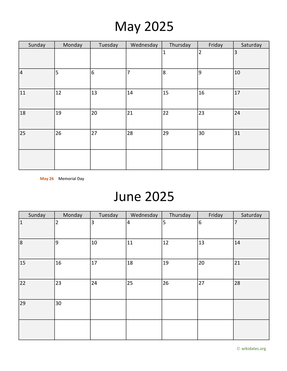 May And June 2025 Calendar | Wikidates | Calendar For May and June 2025