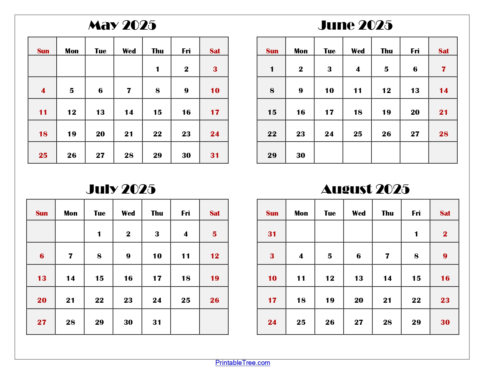 May To August 2025 Calendar Printable Pdf | Four Months Calendar | Calendar 2025