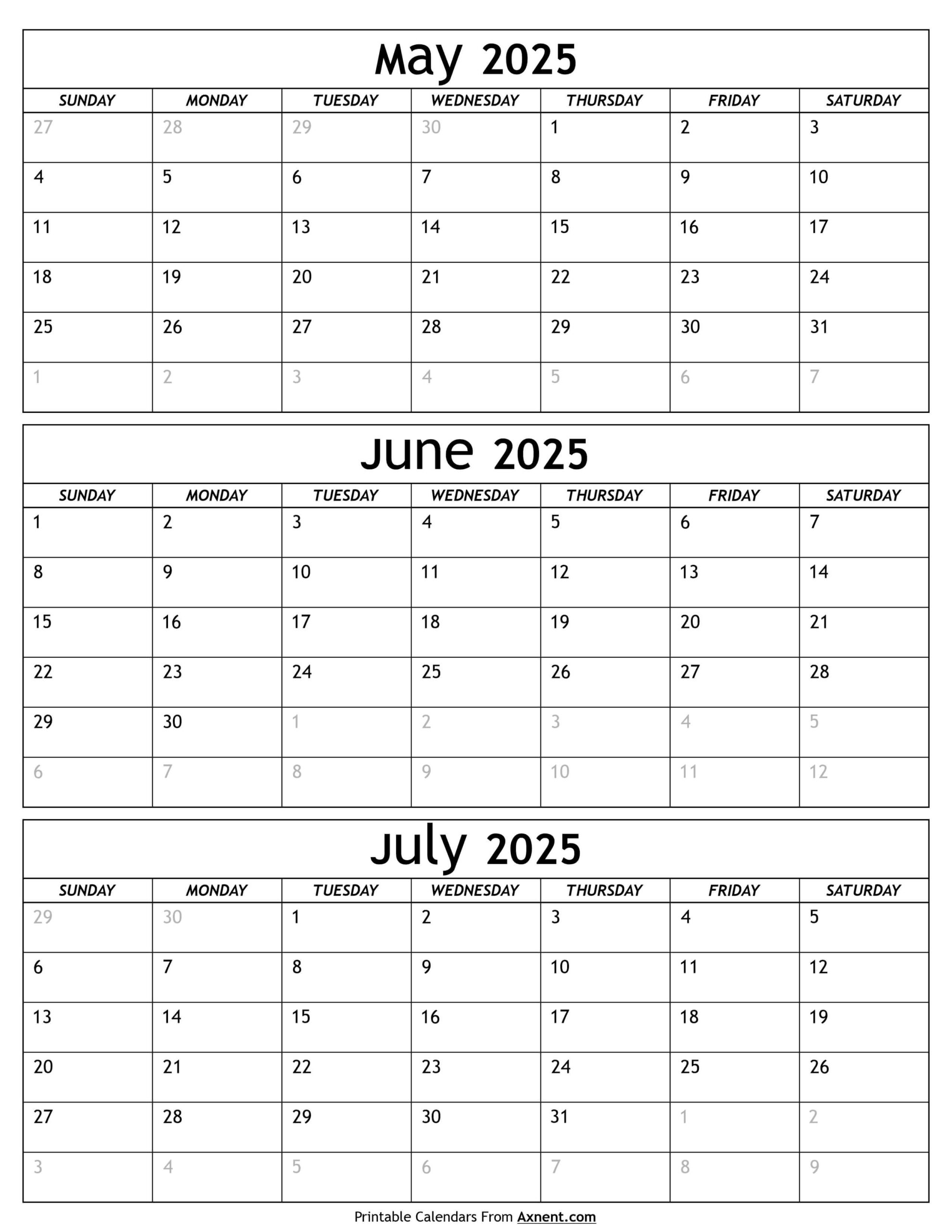 May To July Calendar 2025 Templates - Three Months | May June July 2025 Calendar