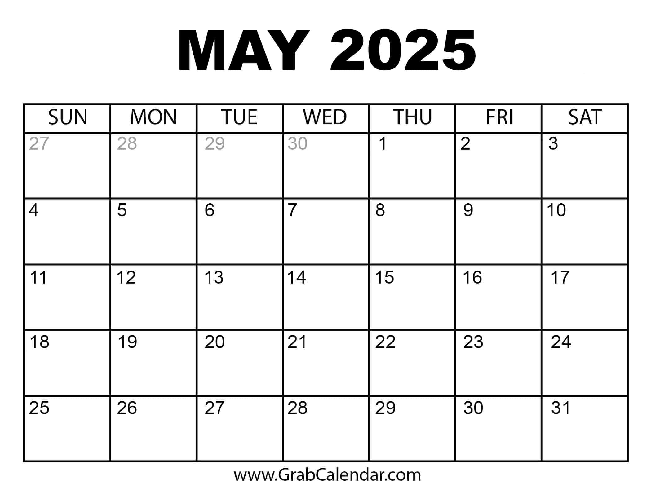 Printable May 2025 Calendar | 2025 Calendar For May