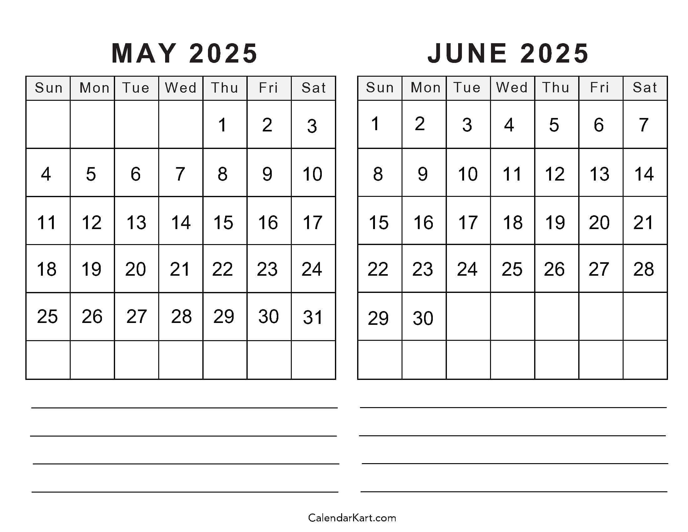 Printable May June 2025 Calendar Templates | Calendarkart | Calendar For May And June 2025